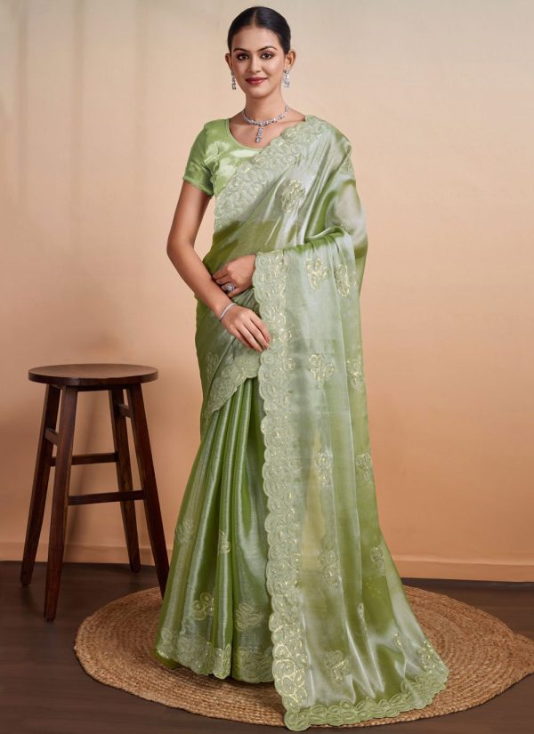 Green Organza Contemporary Saree with Patch Border, Cut, Embroidered and Sequins Work for Casual