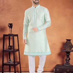 Green Silk Diamond and Patch Border Work Kurta Pyjama for Men