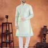 Green Silk Diamond and Patch Border Work Kurta Pyjama for Men