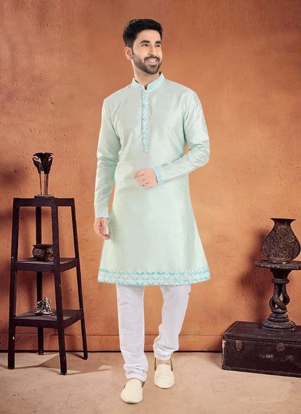 Green Silk Diamond and Patch Border Work Kurta Pyjama for Men