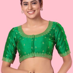 Green Silk Embroidered Work Blouse for Ceremonial