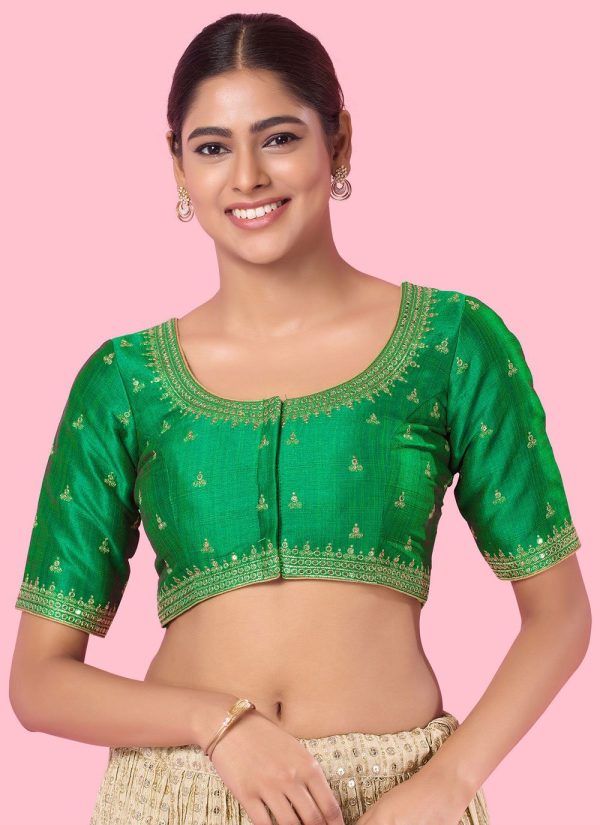 Green Silk Embroidered Work Blouse for Ceremonial