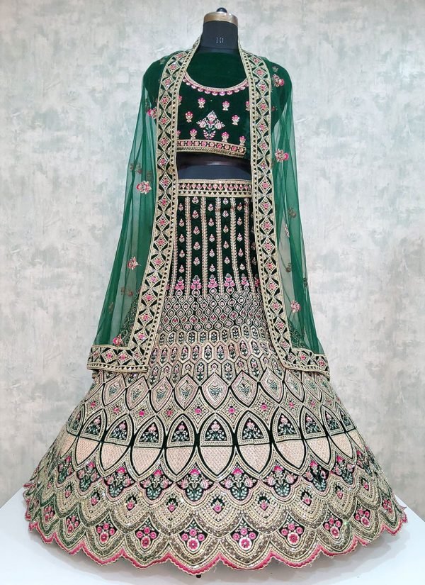 Green Velvet Embroidered Work Lehenga Choli