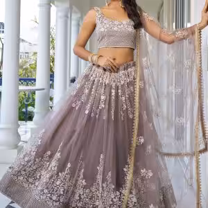 Grey Net Embroidered, Sequins and Thread Work Lehenga Choli