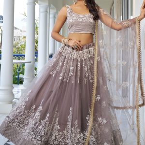 Grey Net Embroidered, Sequins and Thread Work Lehenga Choli