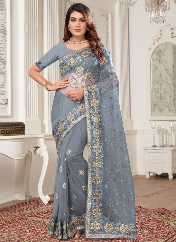 Grey Net Embroidered, Stone and Zari Work Classic Sari