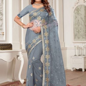 Grey Net Embroidered, Stone and Zari Work Classic Sari