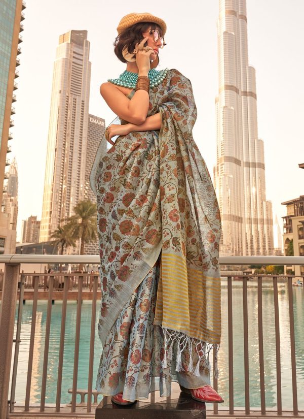 Grey Print Work Tissue Contemporary Sari