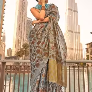 Grey Print Work Tissue Contemporary Sari
