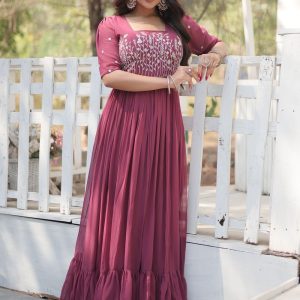 Hot Pink Faux Georgette Embroidered and Sequins Work Gown for Festival