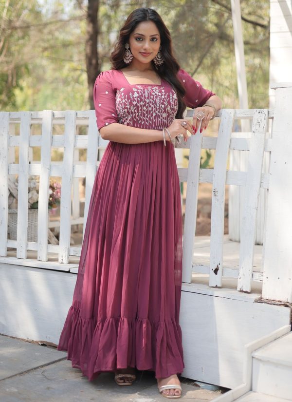 Hot Pink Faux Georgette Embroidered and Sequins Work Gown for Festival