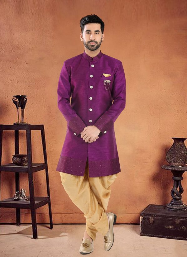 Imposing Wine Silk Sherwani Mens Wear