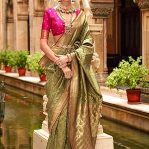 Jacquard and Weaving Work Banarasi Silk Classic Sari In Sea Green