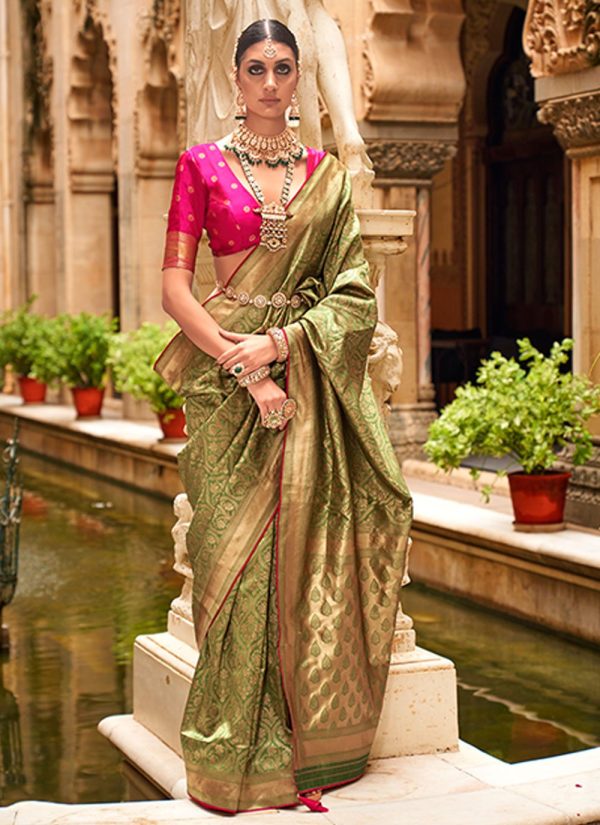 Jacquard and Weaving Work Banarasi Silk Classic Sari In Sea Green