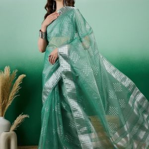 Jacquard Work Khadi Contemporary Sari In Sea Green