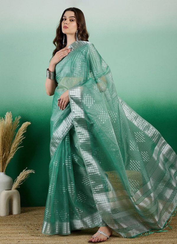 Jacquard Work Khadi Contemporary Sari In Sea Green