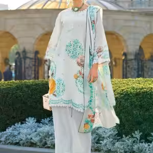 Lace and Print Work Cotton Readymade Salwar Suit In White for Festival