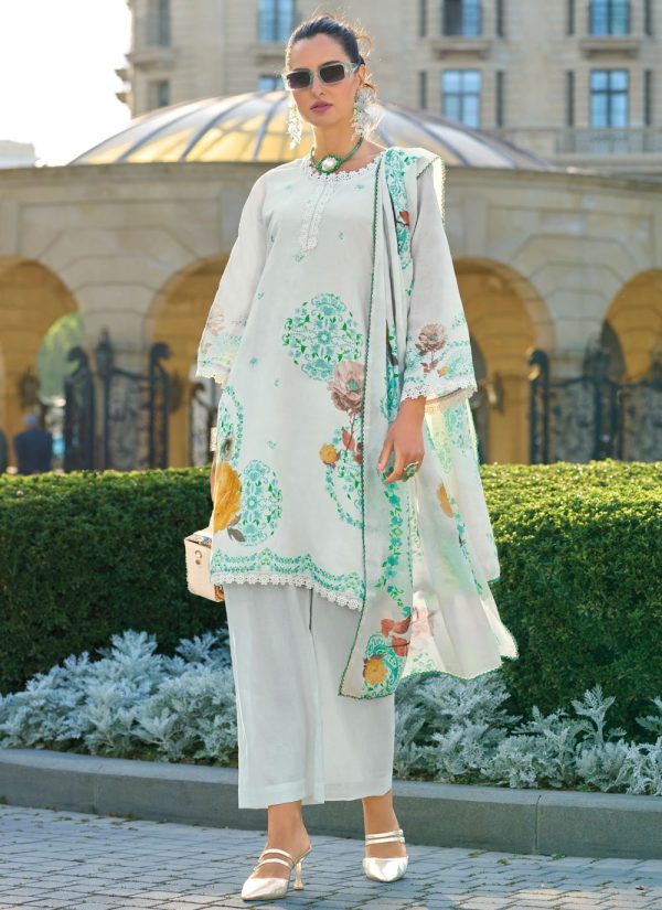 Lace and Print Work Cotton Readymade Salwar Suit In White for Festival