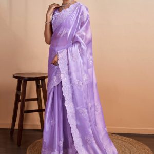 Lavender Organza Classic Sari with Patch Border, Cut, Embroidered and Sequins Work for Women