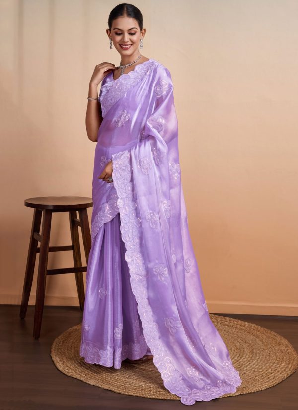 Lavender Organza Classic Sari with Patch Border, Cut, Embroidered and Sequins Work for Women