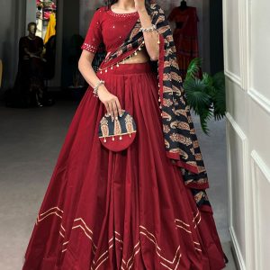 Maroon Cotton Plain Work Lehenga Choli