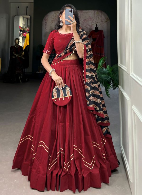 Maroon Cotton Plain Work Lehenga Choli