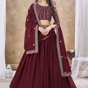 Maroon Faux Georgette Lehenga Choli In Plain for Ceremonial