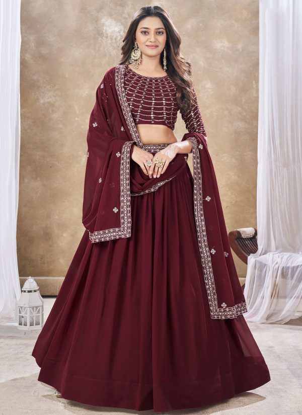 Maroon Faux Georgette Lehenga Choli In Plain for Ceremonial