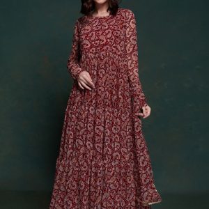 Maroon Organza Lace and Print Work  Designer Gown for Ceremonial