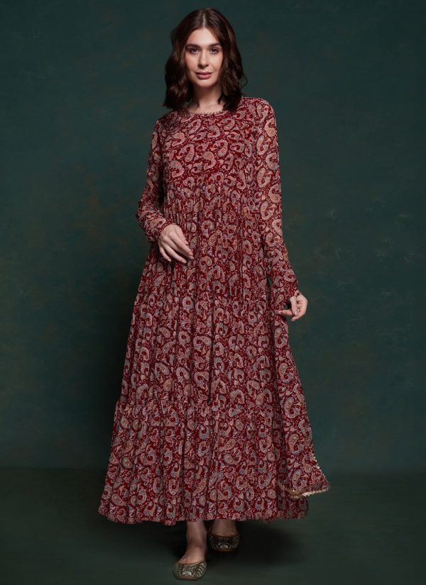Maroon Organza Lace and Print Work  Designer Gown for Ceremonial