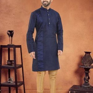 Men Blue Silk Kurta Pyjama with Patch Border Work