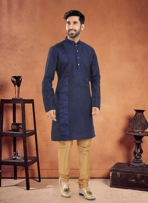 Men Blue Silk Kurta Pyjama with Patch Border Work