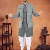 Men Grey Cotton Sherwani Mens Wear with Embroidered, Sequins and Thread Work