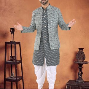 Men Grey Cotton Sherwani Mens Wear with Embroidered, Sequins and Thread Work