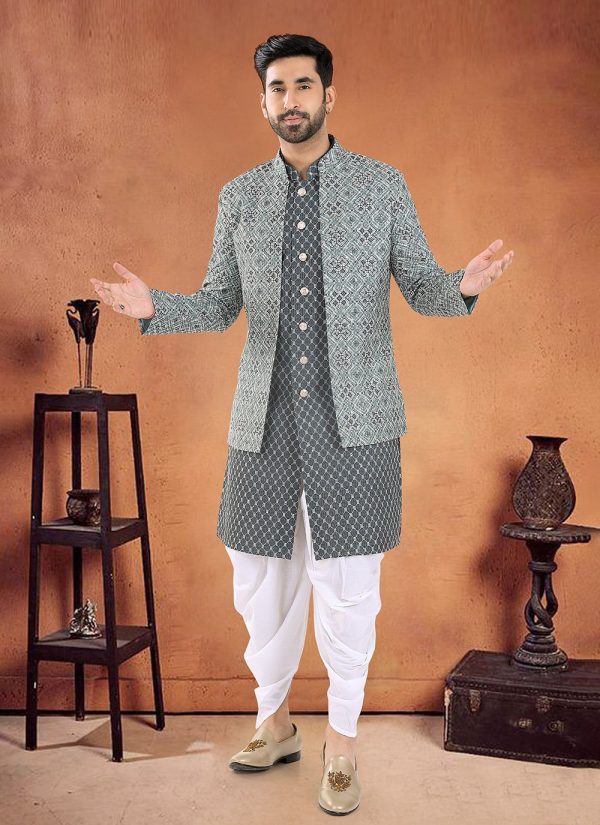 Men Grey Cotton Sherwani Mens Wear with Embroidered, Sequins and Thread Work