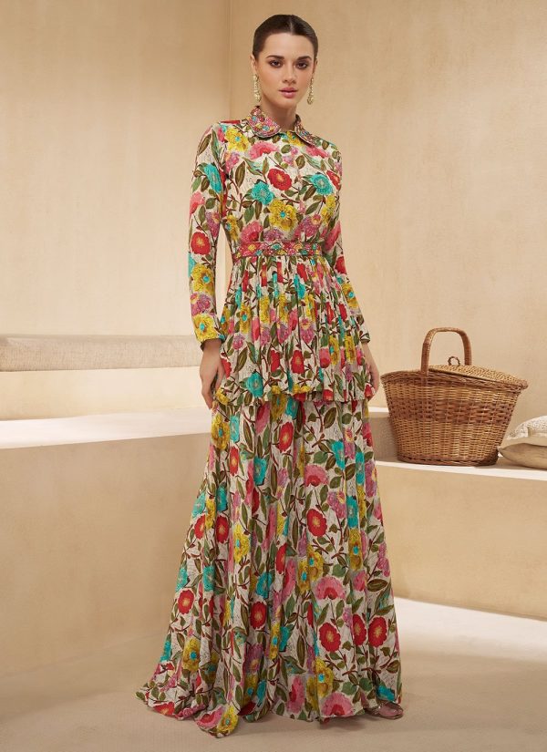 Multi Colour Chinon Readymade Salwar Suit with Embroidered Work