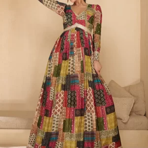 Multi Colour Georgette Gown with Embroidered, Sequins and Thread Work