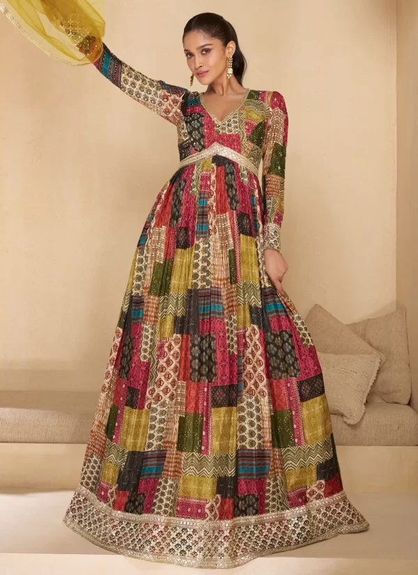 Multi Colour Georgette Gown with Embroidered, Sequins and Thread Work