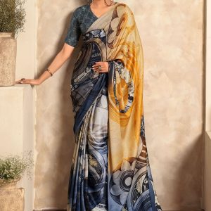 Mustard and Blue Satin Designer Sari with Abstract Print Work