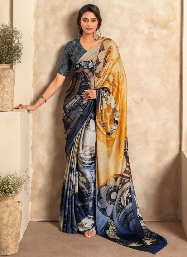 Mustard and Blue Satin Designer Sari with Abstract Print Work