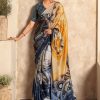 Mustard and Blue Satin Designer Sari with Abstract Print Work