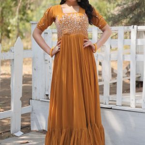 Mustard Faux Georgette Embroidered and Sequins Work  Designer Gown