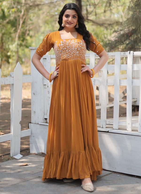 Mustard Faux Georgette Embroidered and Sequins Work  Designer Gown