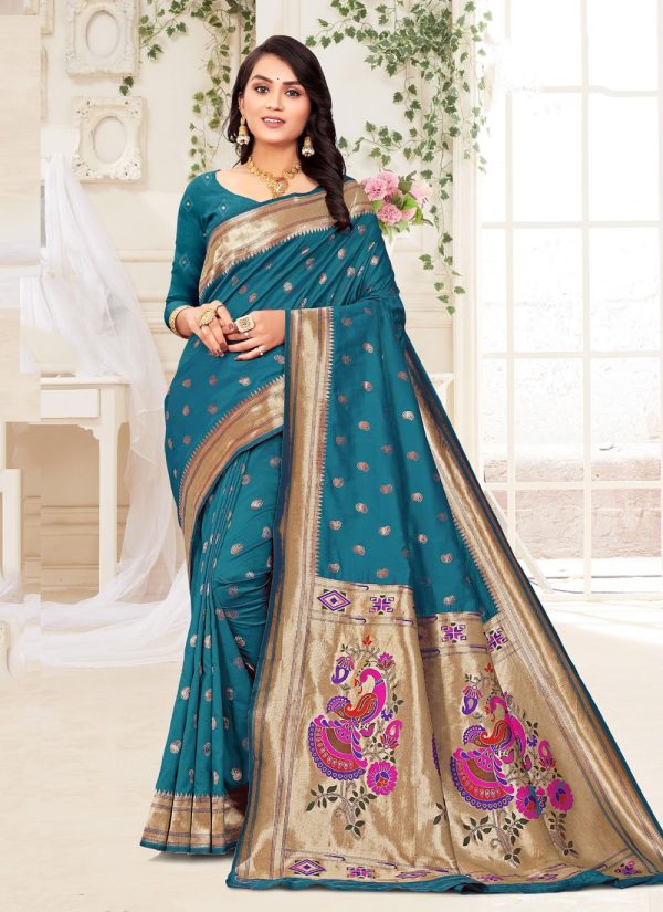 Naylon Jari Work Paithni Designer Saree In Sea Green for Ceremonial