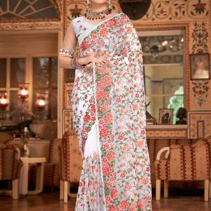 Net Embroidered Classic Saree in White
