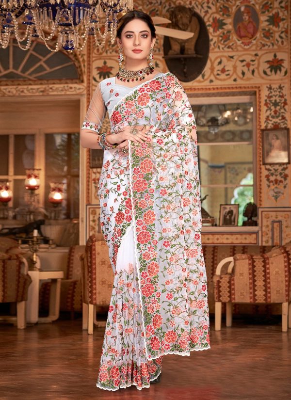 Net Embroidered Classic Saree in White