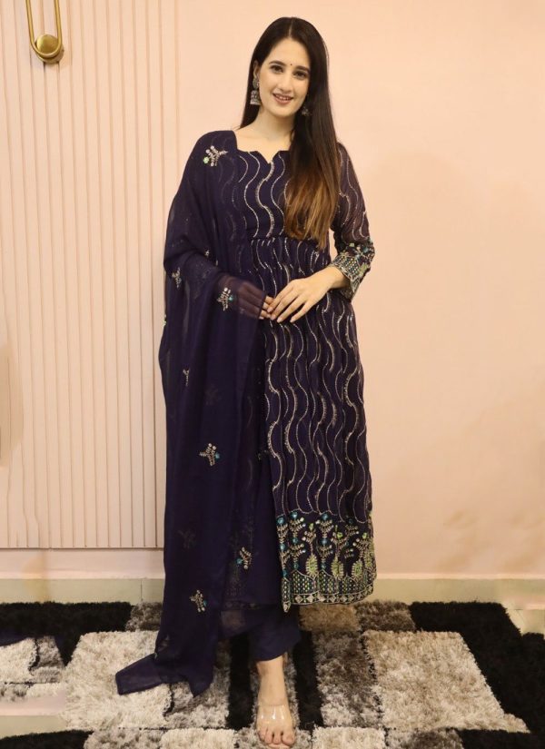 Opulent Purple Faux Georgette  Designer Gown