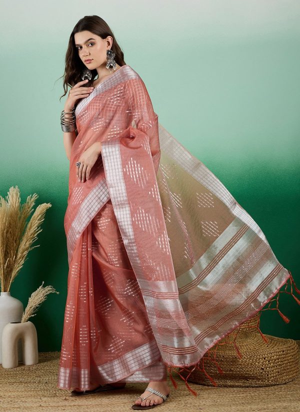Orange Khadi Casual Saree with Jacquard Work