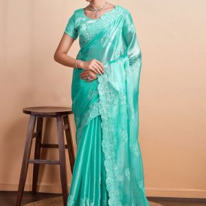 Patch Border, Cut, Embroidered and Sequins Work Organza Trendy Saree In Firozi