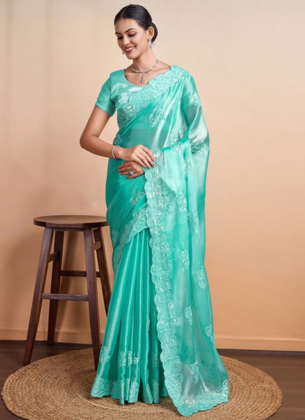 Patch Border, Cut, Embroidered and Sequins Work Organza Trendy Saree In Firozi
